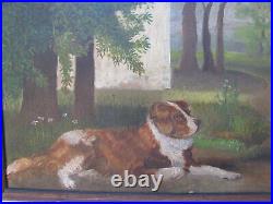 1930s ENGLISH SHEPHERD DOG FARM YARD 12x18 Oil Painting w Sand FOLK ART vintage