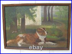 1930s ENGLISH SHEPHERD DOG FARM YARD 12x18 Oil Painting w Sand FOLK ART vintage