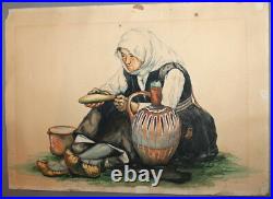1931 Old Woman With Folk Costume Portrait Wc Painting Signed