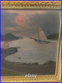 1938 Folk Art Seascape Sunset Painting Artist Signed