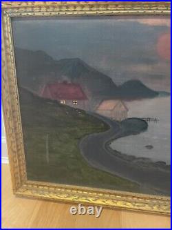 1938 Folk Art Seascape Sunset Painting Artist Signed