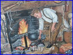 1940s PIONEER LOG CABIN HOME LIFE OIL PAINTING Signed Primitive/Folk Art OREGON