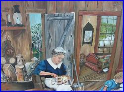1940s PIONEER LOG CABIN HOME LIFE OIL PAINTING Signed Primitive/Folk Art OREGON