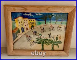 1949 Signed Original Folk Art Bicycle Race Painting Coastal Framed