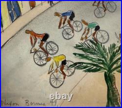 1949 Signed Original Folk Art Bicycle Race Painting Coastal Framed