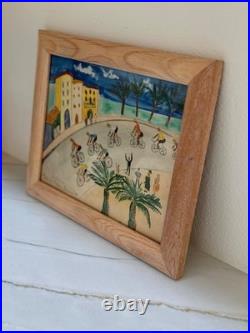 1949 Signed Original Folk Art Bicycle Race Painting Coastal Framed