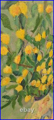 1950s Still Life Folk Art Oil Painting Yellow Flowers in Vase M. Kaufman