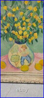 1950s Still Life Folk Art Oil Painting Yellow Flowers in Vase M. Kaufman