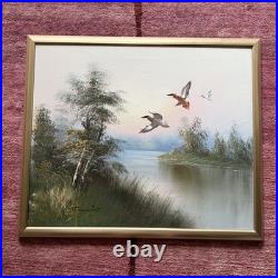 1953 ANTONIO ORIGINAL OIL ON CANVAS DUCKS OVER MARSH LANDSCAPE PAINTING 22x 26