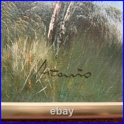 1953 ANTONIO ORIGINAL OIL ON CANVAS DUCKS OVER MARSH LANDSCAPE PAINTING 22x 26