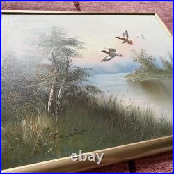 1953 ANTONIO ORIGINAL OIL ON CANVAS DUCKS OVER MARSH LANDSCAPE PAINTING 22x 26