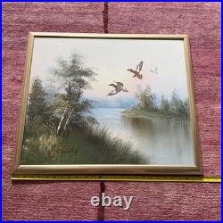 1953 ANTONIO ORIGINAL OIL ON CANVAS DUCKS OVER MARSH LANDSCAPE PAINTING 22x 26