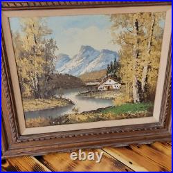 1960's Landscape Oil By S. Young Cottage On The River