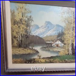 1960's Landscape Oil By S. Young Cottage On The River