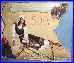 1960 surrealist folk art oil painting figural scene