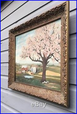 1967 Original Mona Weaver Springtime Ohio Farm Landscape Folk Art Oil Painting