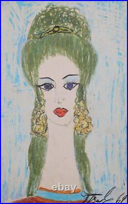 1969 folk art pastel painting portrait
