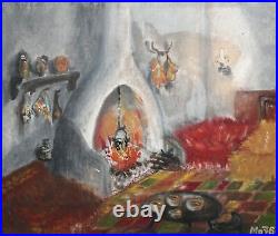 1976 Folk house interior oil painting signed