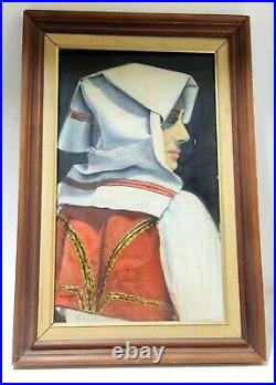 1978 Vintage Oil Painting Canvas Woman Wearing Folk Costume Frame Wood 6242 cm