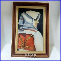 1978 Vintage Oil Painting Canvas Woman Wearing Folk Costume Frame Wood 6242 cm