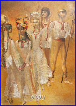 1981 Modernist gouache painting folk dancers portrait signed