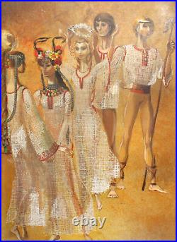 1981 Modernist gouache painting folk dancers portrait signed