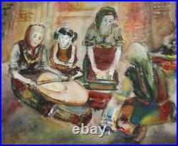 1986 Impressionist watercolor painting portrait females with folk costume signed