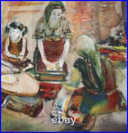 1986 Impressionist watercolor painting portrait females with folk costume signed