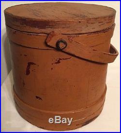 19th C Antique Wooden Firkin Sugar Bucket Early Pumpkin Paint Folk Art Aafa Nr