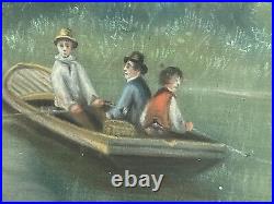 19thC Antique American Folk Art Pastel Boating Painting Wavy Glass Lemon G Frame