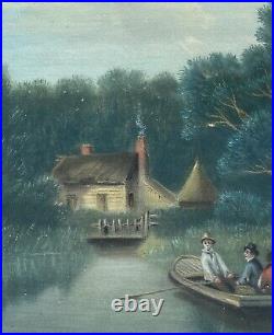 19thC Antique American Folk Art Pastel Boating Painting Wavy Glass Lemon G Frame