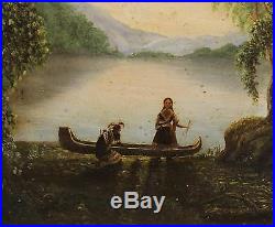 19thC Antique American Folk Art Woodland Indians & Canoe O/C Oil Painting, NR