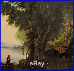19thC Antique American Folk Art Woodland Indians & Canoe O/C Oil Painting, NR