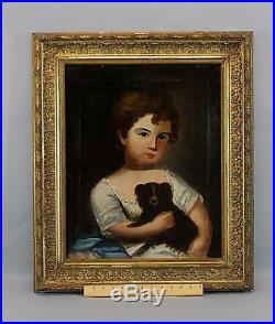 19thC Antique Folk Art Portrait Oil Painting Young Girl King Charles Spaniel Dog