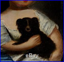 19thC Antique Folk Art Portrait Oil Painting Young Girl King Charles Spaniel Dog