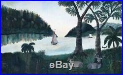 19thC Antique Folk Art Seascape Sailboat Raft Boat Deer Palm Trees Canoe Fishing