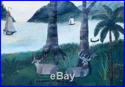 19thC Antique Folk Art Seascape Sailboat Raft Boat Deer Palm Trees Canoe Fishing