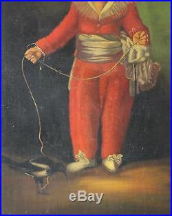19thC Antique O/C Folk Art Portrait Oil Painting Boy in Red, Pet Bird No Reserve