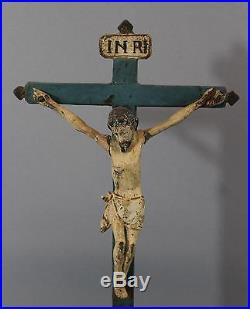 19thC Antique, Spanish Colonial, Folk Art Hand Carved & Painted Crucifix Jesus