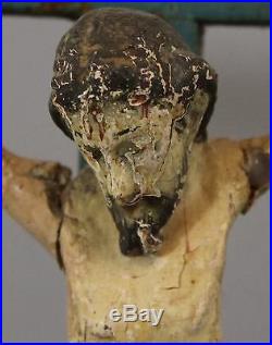 19thC Antique, Spanish Colonial, Folk Art Hand Carved & Painted Crucifix Jesus
