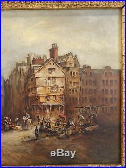 19thC Antique VICTORIAN Era ENGLISH Street Vender CITYSCAPE Folk Art PAINTING