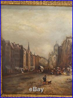 19thC Antique VICTORIAN Era ENGLISH Street Vender CITYSCAPE Folk Art PAINTING