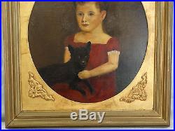 19thC Antique VICTORIAN GIRL & DOG Primitive FOLK ART Old OIL PORTRAIT PAINTING