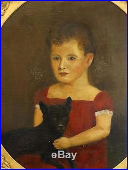 19thC Antique VICTORIAN GIRL & DOG Primitive FOLK ART Old OIL PORTRAIT PAINTING