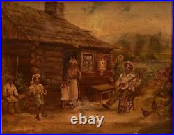 19thC Original Black Folk Art Plantation Family Portrait Landscape Oil Painting
