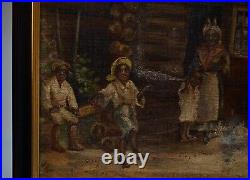 19thC Original Black Folk Art Plantation Family Portrait Landscape Oil Painting