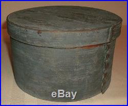 19th C ANTIQUE 7.5 WOODEN PANTRY BOX With LID IN OLD BLUE PAINT FOLK ART AAFA NR