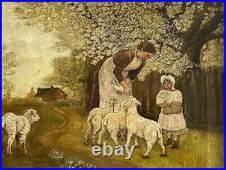 19th C American Folk Art Painting Primitive Oil On Canvas Sheep Pasture Signed