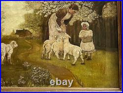 19th C American Folk Art Painting Primitive Oil On Canvas Sheep Pasture Signed