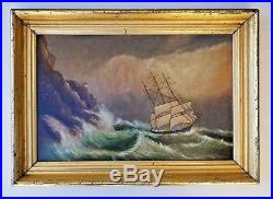 19th C American Folk Art Painting of a Ship in a Storm